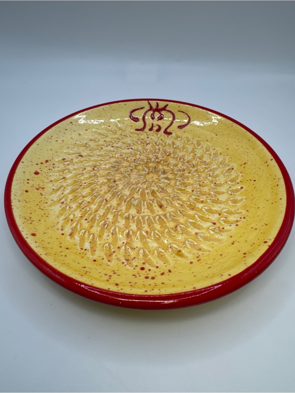 Ceramic Garlic Grater Plate Dish 5” Yellow & Red Speckled - Designed in France
